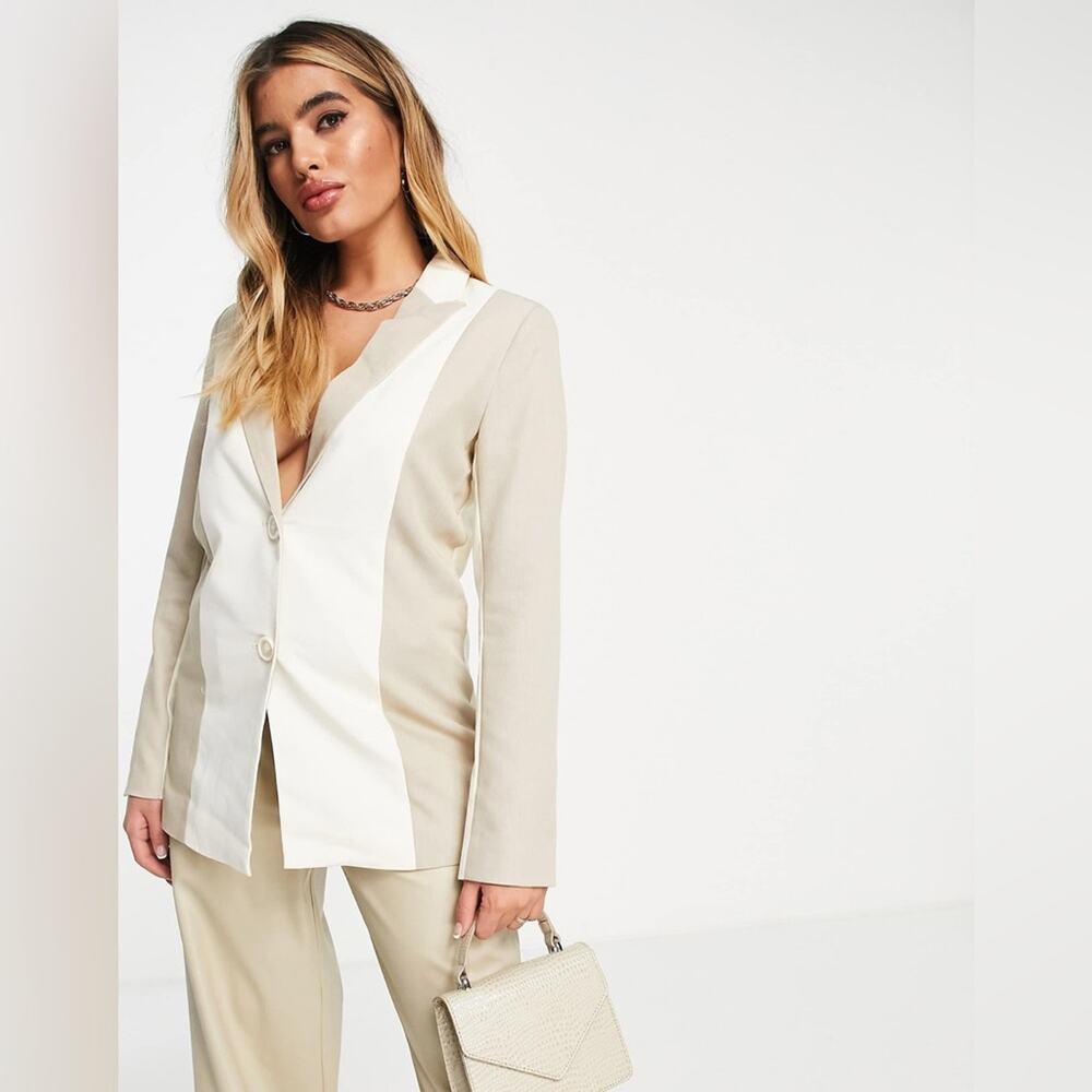 4th & Reckless Panel Color Block Blazer Size Small Two Tone Beige Ecru Career - Picture 2 of 11